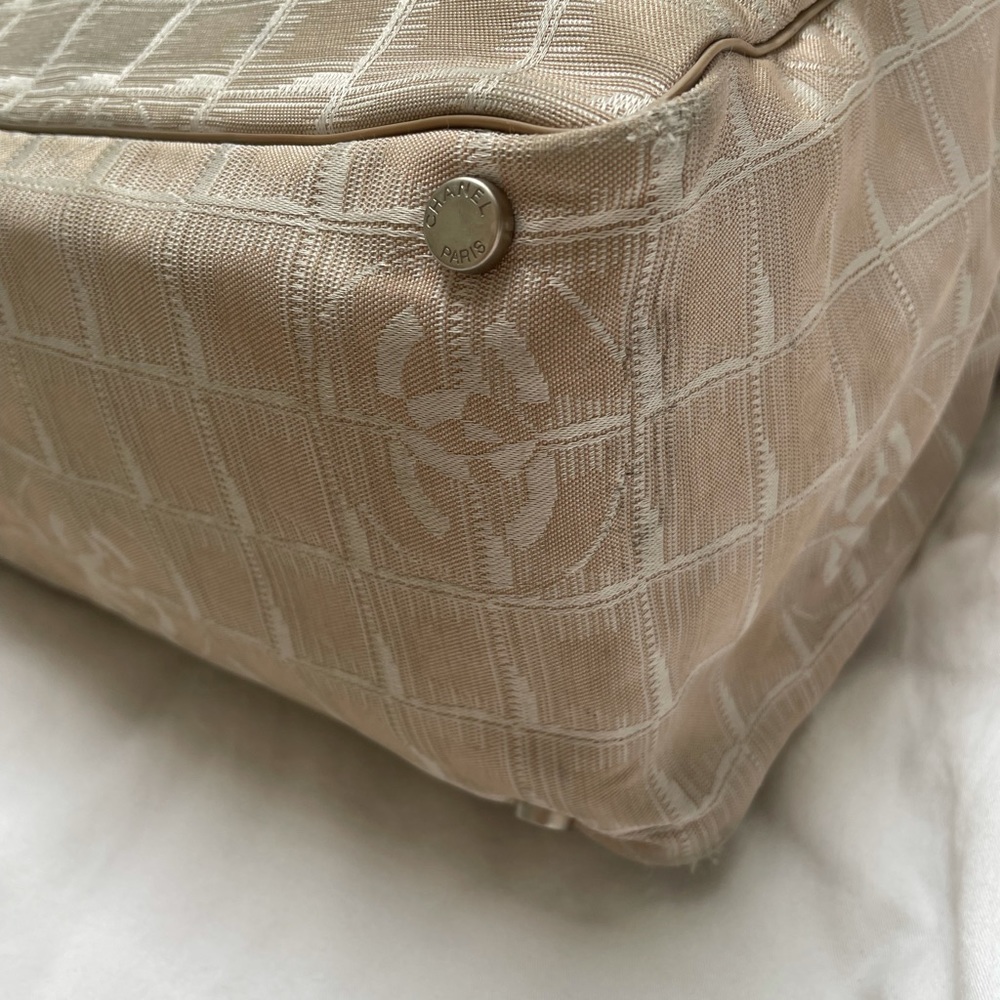 Chanel 💕Travel Tote Fabric Leather Strap Pink Tan Quilted Appearance CC Logo - Picture 3 of 14